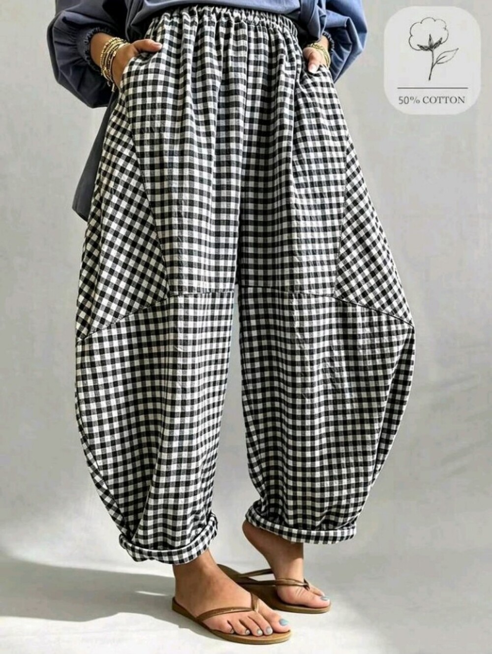 Women's Summer 2026 New Bohemian Retro Blue Plaid Loose Lantern Balloon Pants